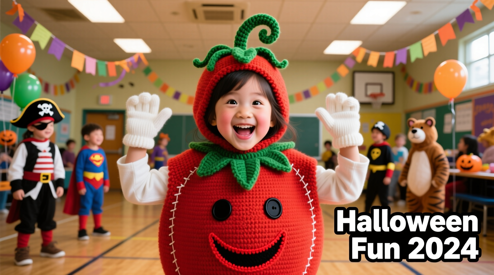 Child wearing comfortable tomato costume at school event
