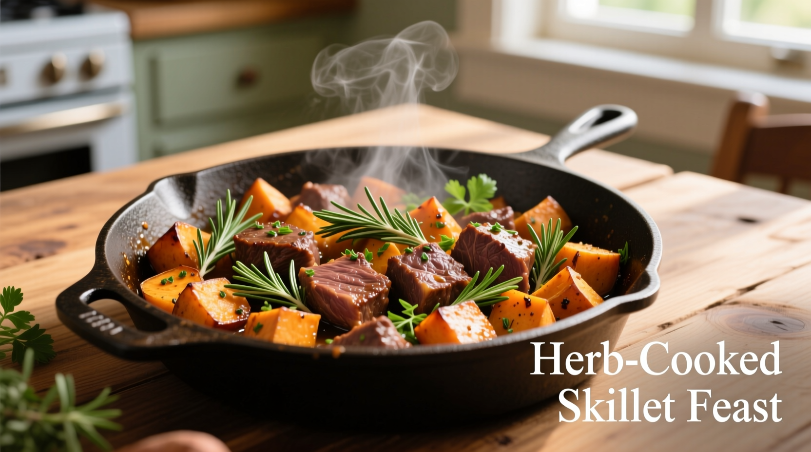Beef and sweet potato skillet meal with herbs