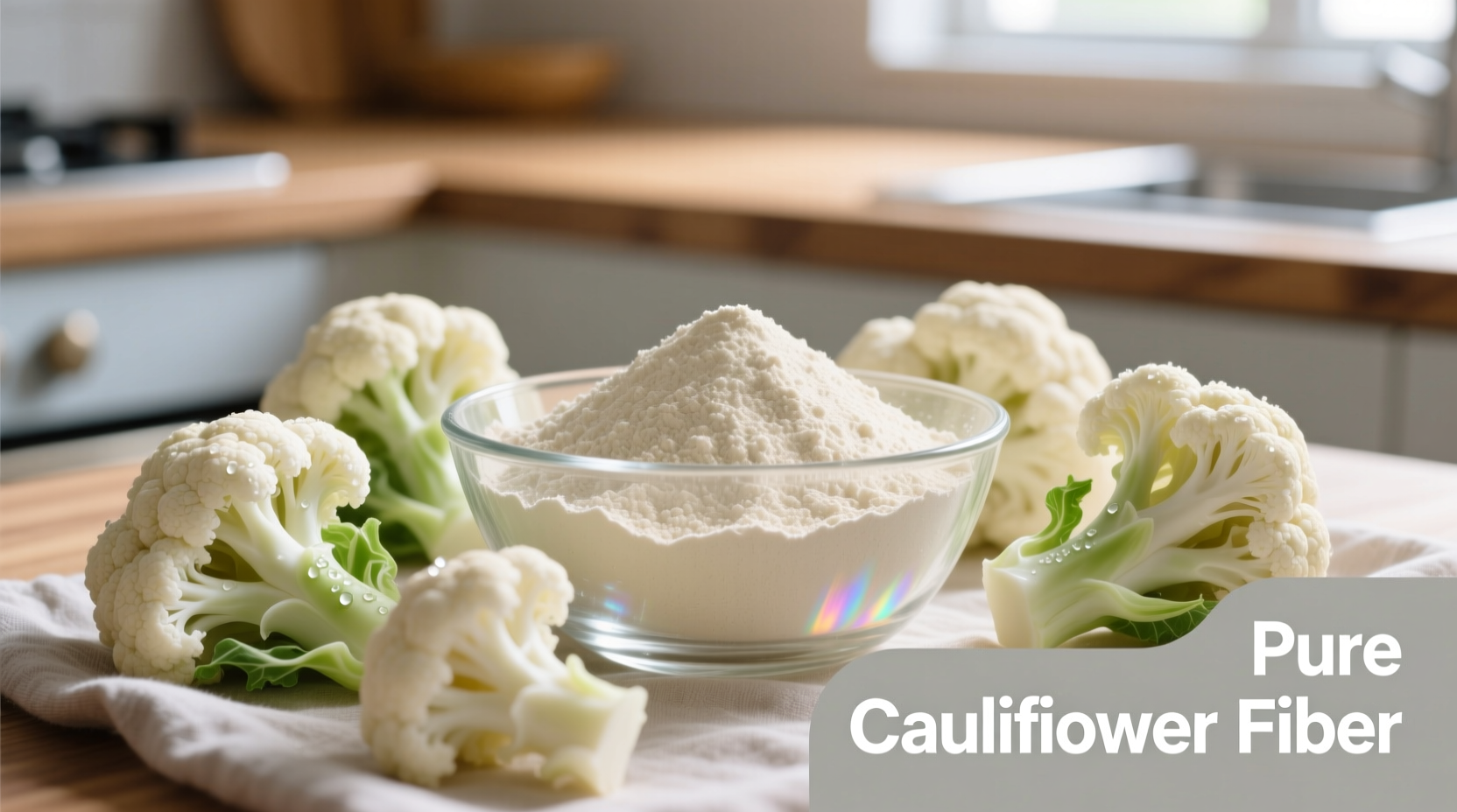 Cauliflower fiber powder in glass bowl with fresh cauliflower