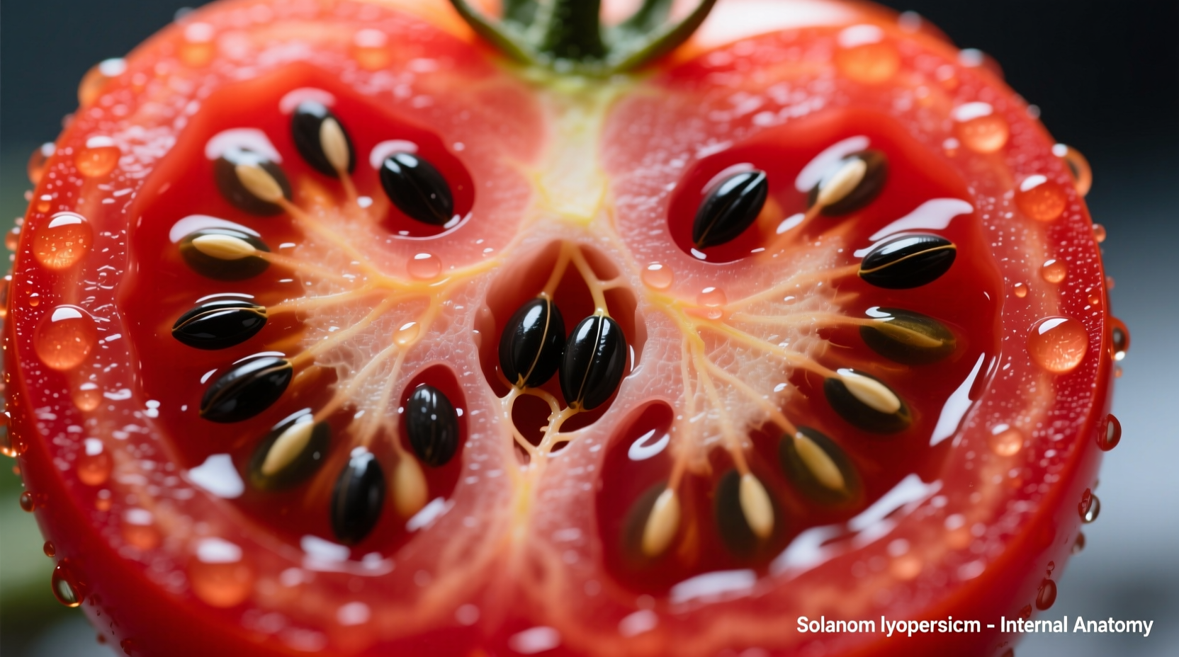 Close-up of tomato showing seeds and flesh structure
