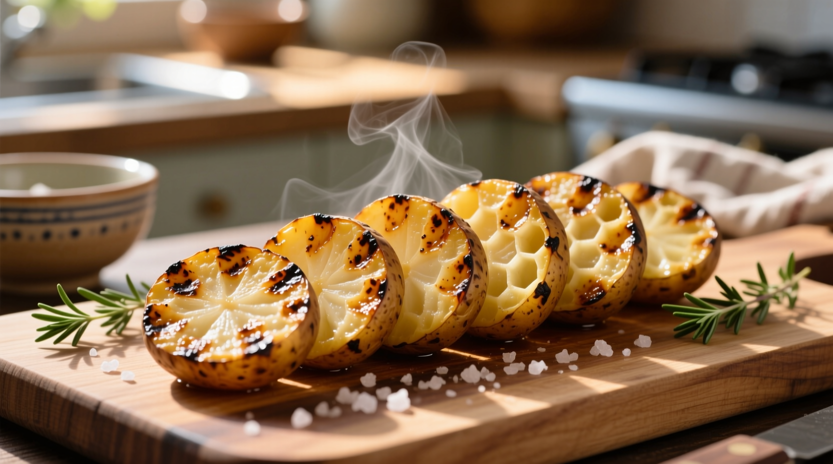 Perfectly grilled potato slices with golden crust