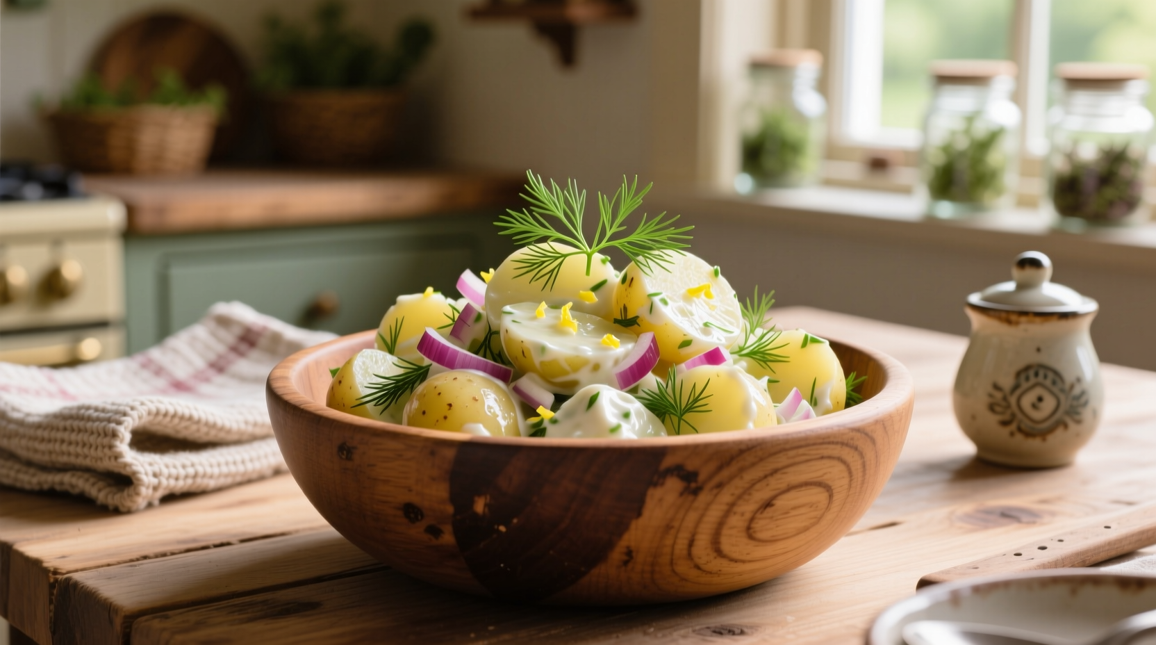 Fresh dilled potato salad in wooden bowl