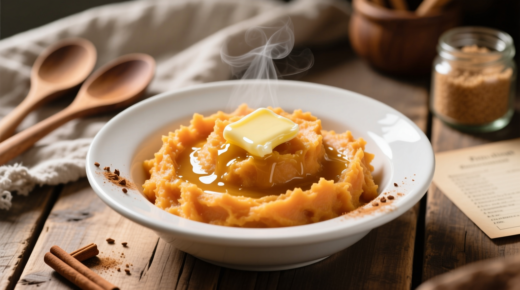 Creamy sweet potato mashed potatoes in white bowl