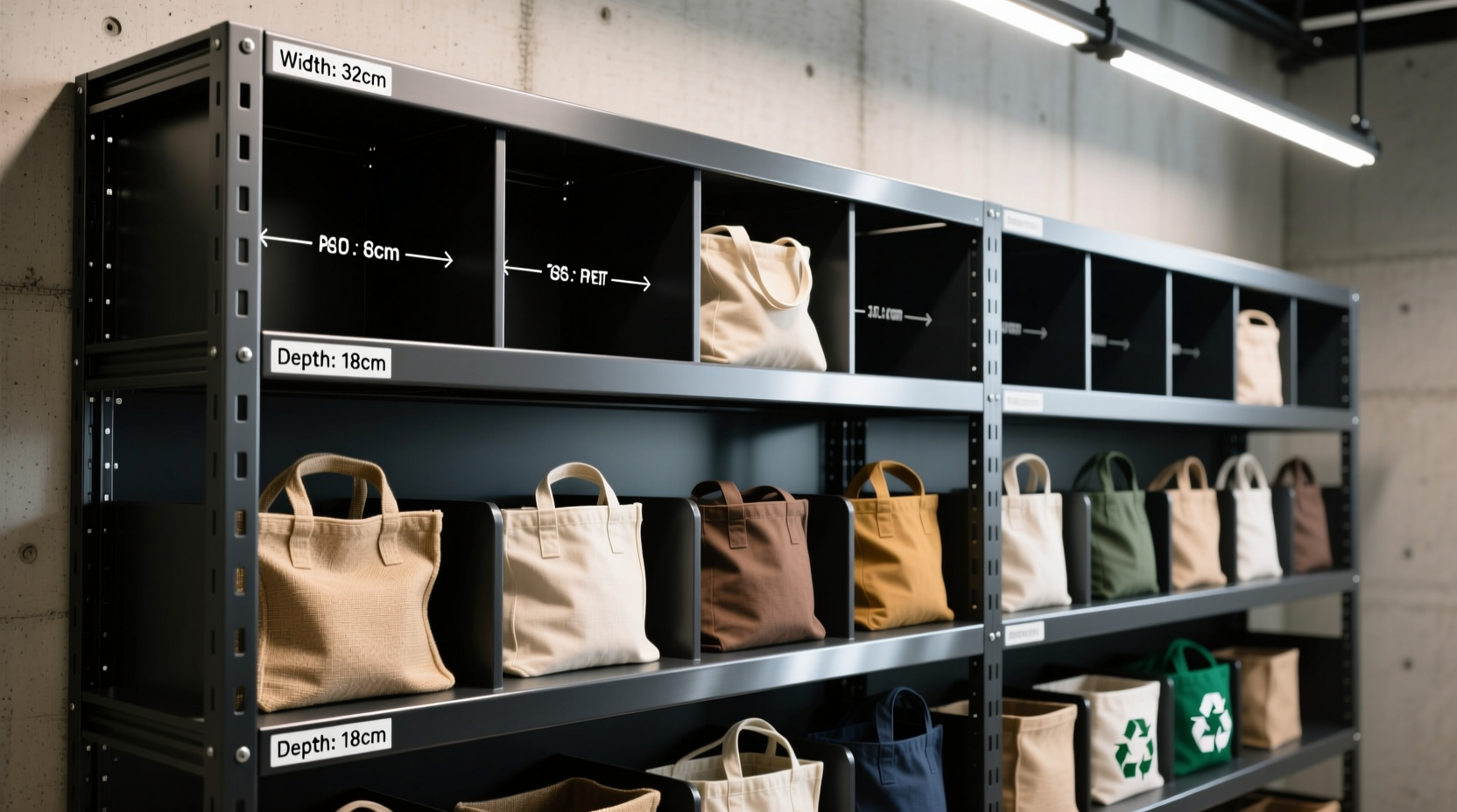 Measuring tote bags for custom storage rack dimensions