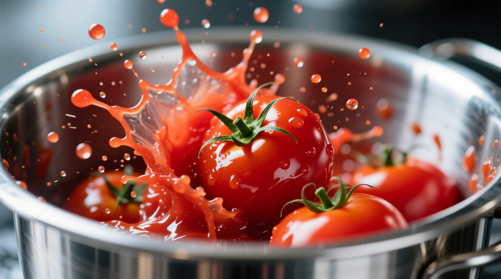 Fresh tomatoes being crushed in stainless steel container