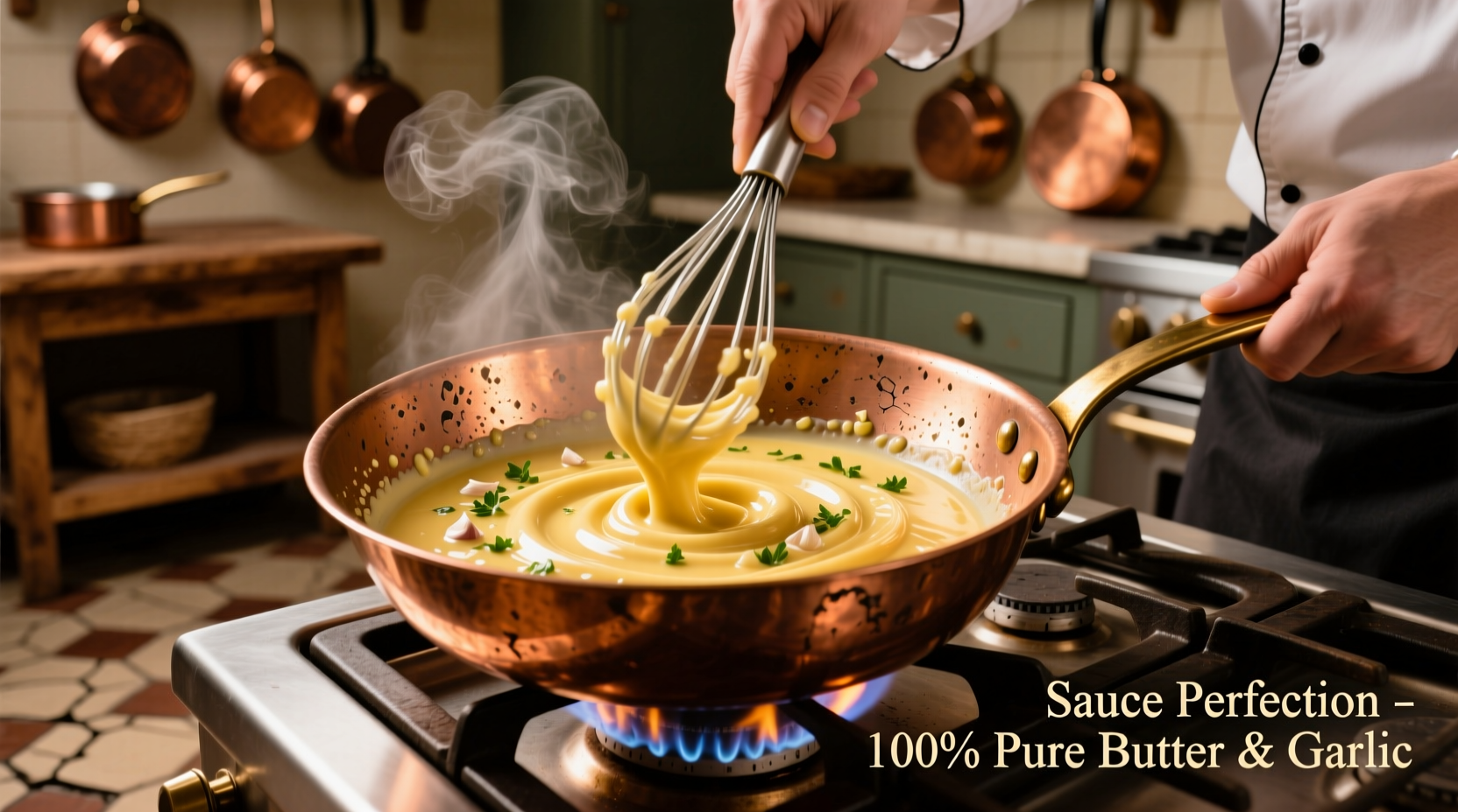 Chef whisking garlic butter white wine sauce in copper pan