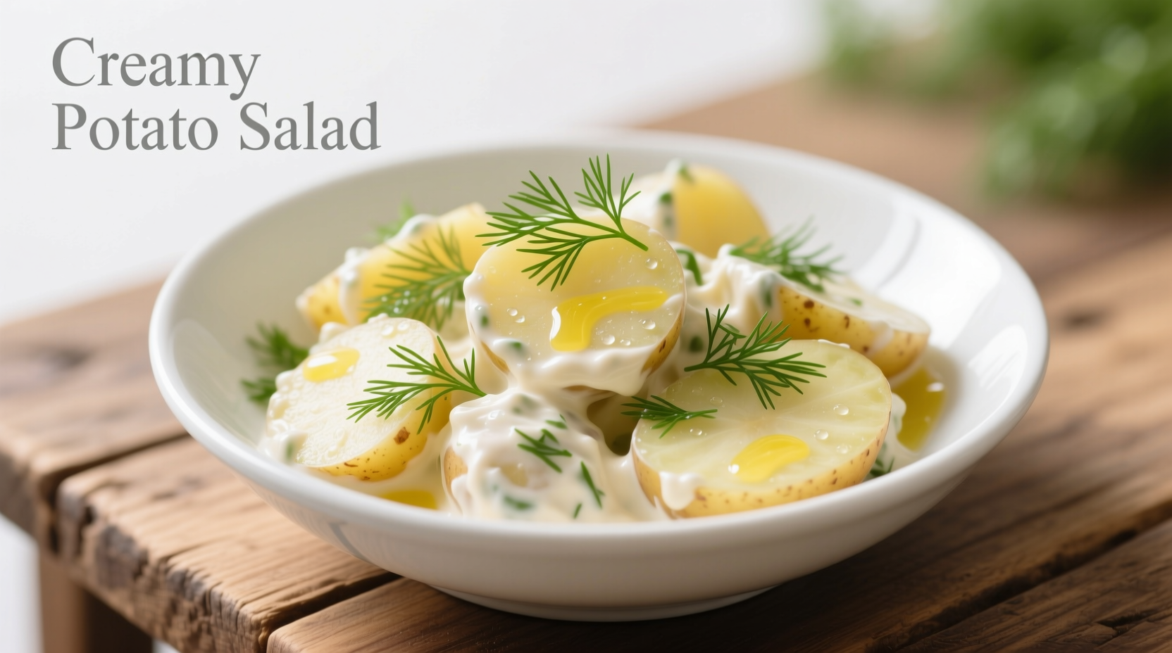 Creamy potato salad in white bowl with fresh dill