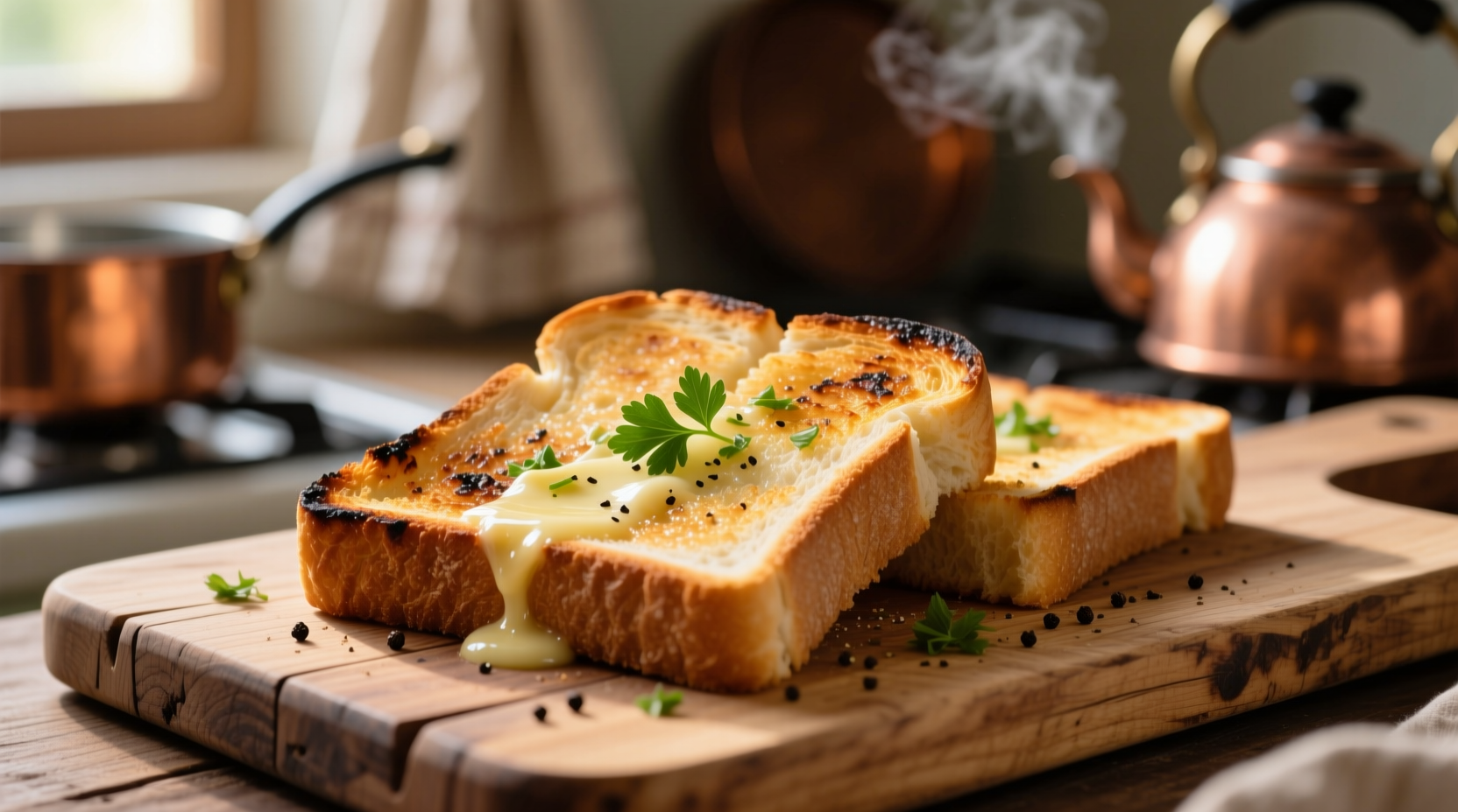 Golden brown garlic toast on wooden cutting board