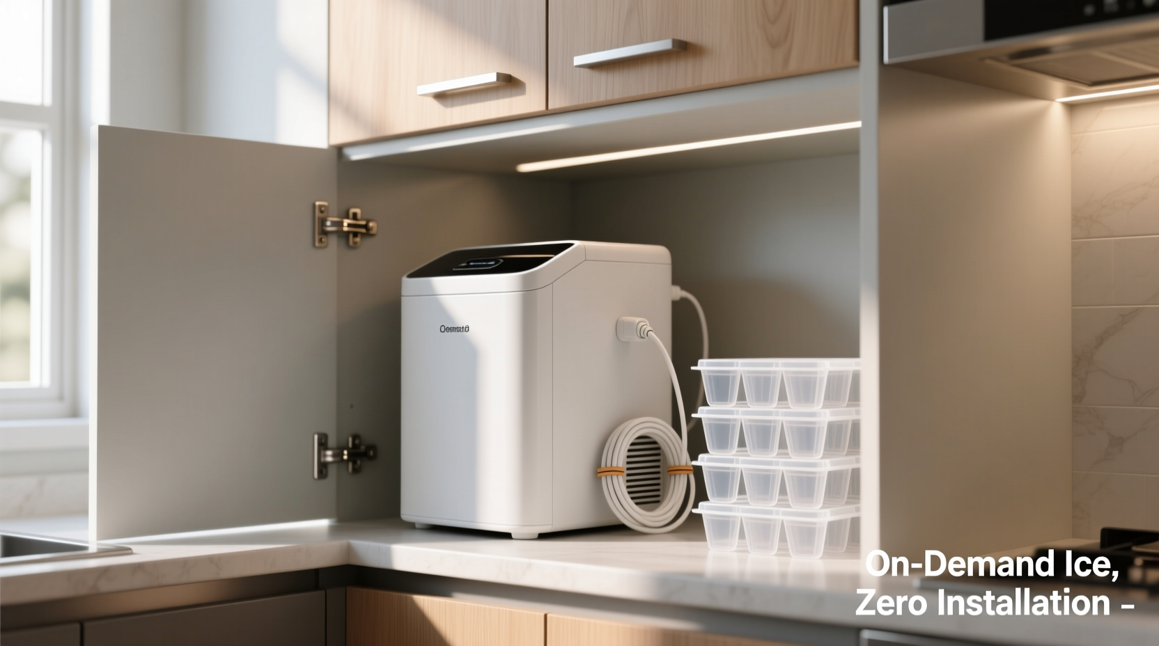 A sleek white portable ice maker placed neatly inside an open lower kitchen cabinet, with its power cord coiled and a stack of reusable ice molds beside it—demonstrating space-conscious, on-demand ice production without permanent installation.