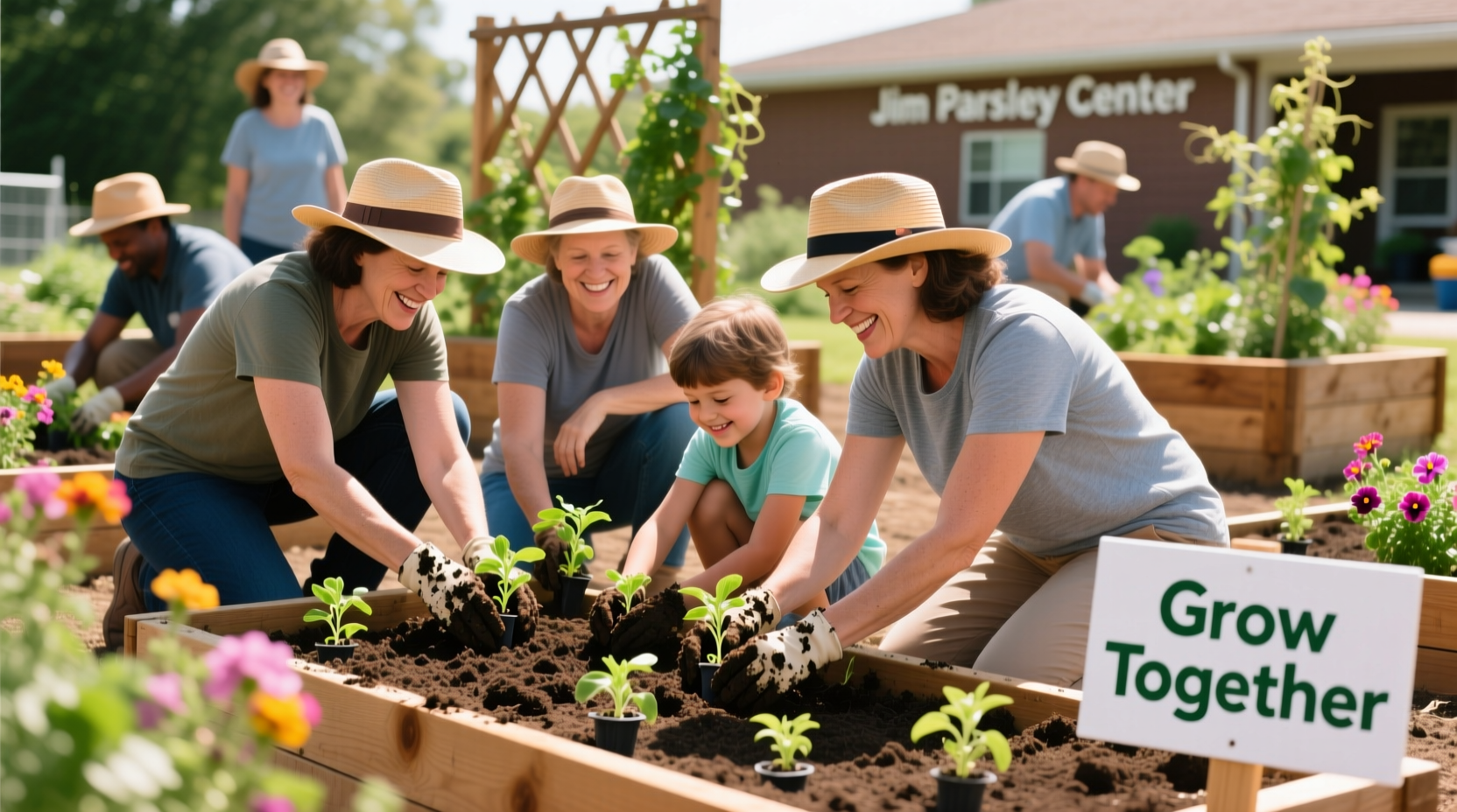 Jim Parsley Center community members participating in gardening program