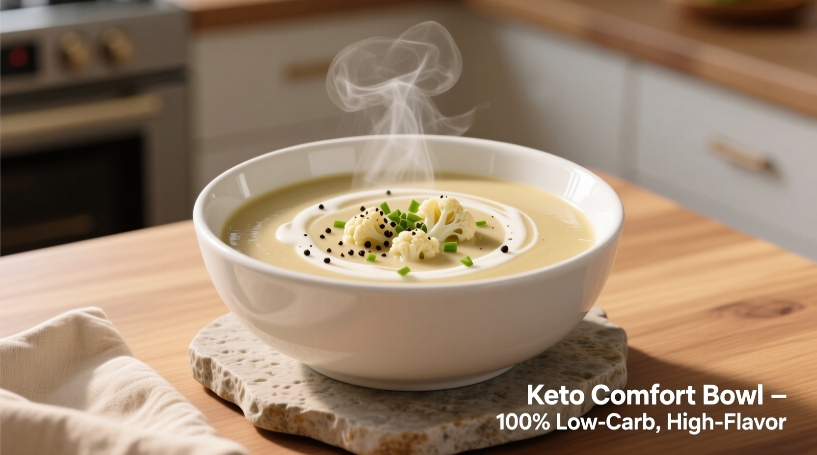 Creamy keto cauliflower soup in white bowl