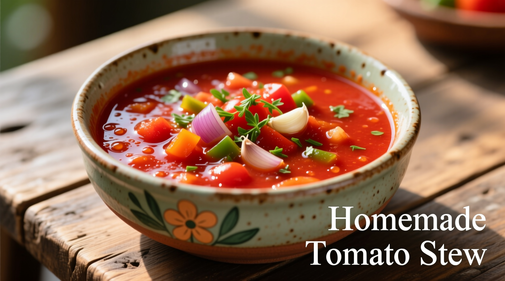 Vibrant red tomato stew in ceramic bowl