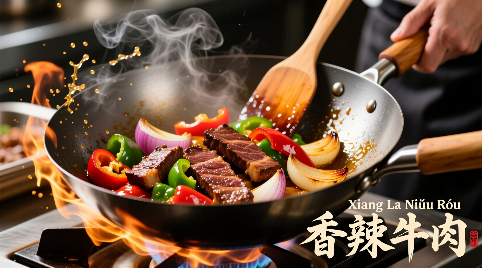 Sizzling pepper steak with onions in wok