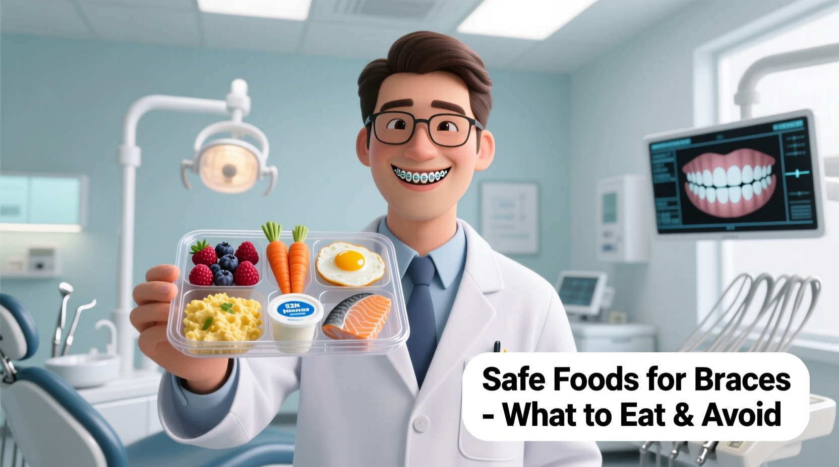 Orthodontist demonstrating safe food choices for braces