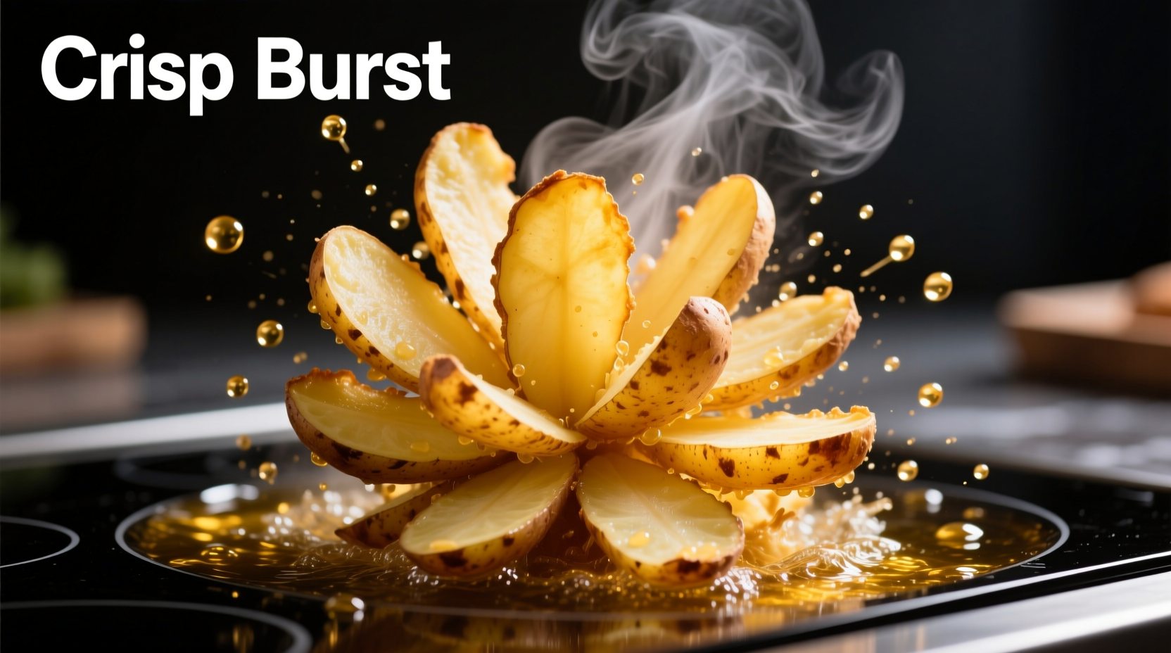 Russet potato blooming in hot oil showing the pop effect