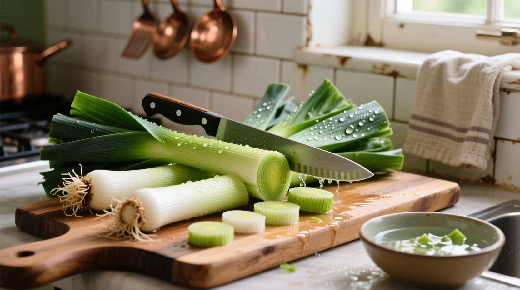 Fresh leeks arranged on cutting board with cleaning steps