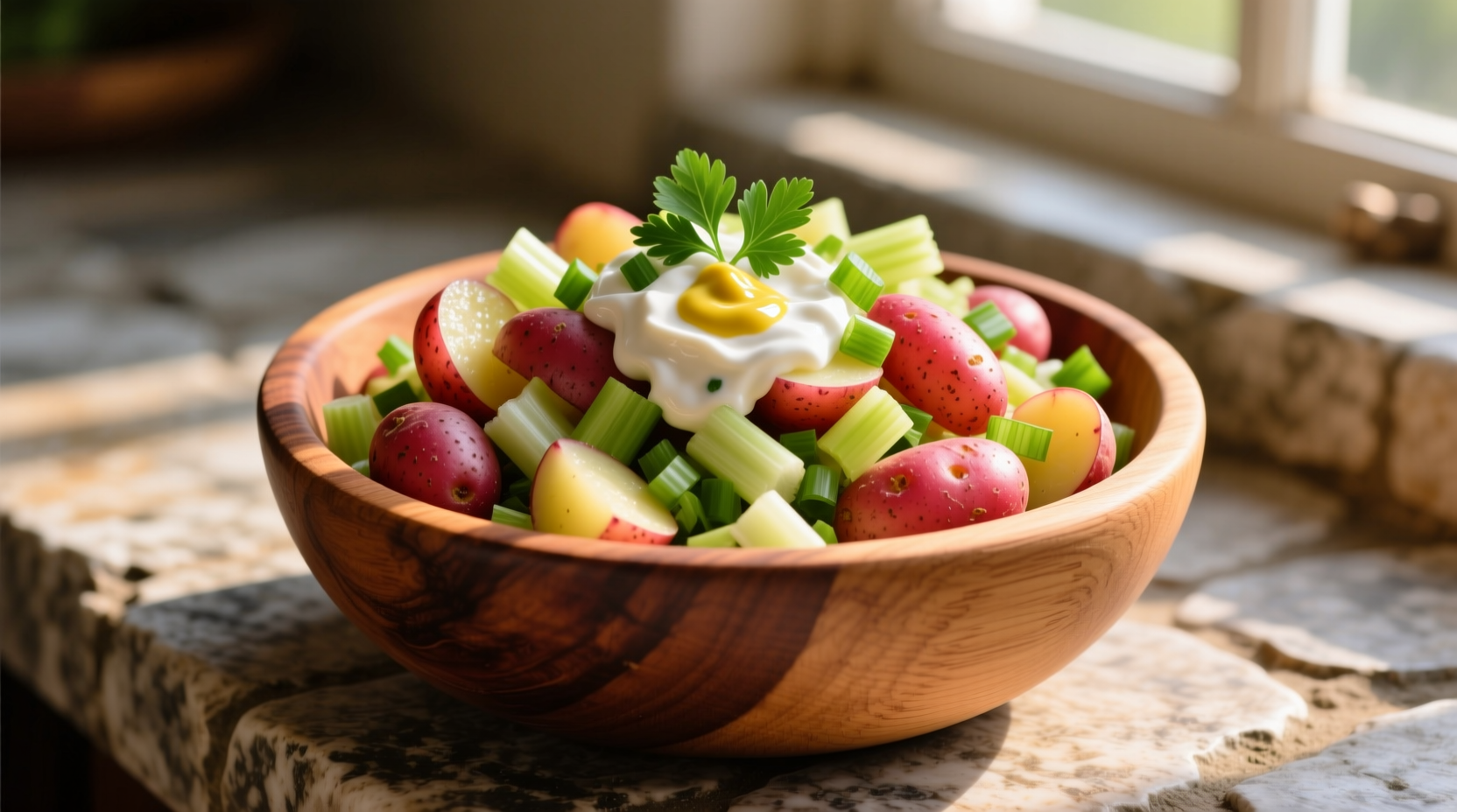 Colorful red skin potato salad in wooden bowl