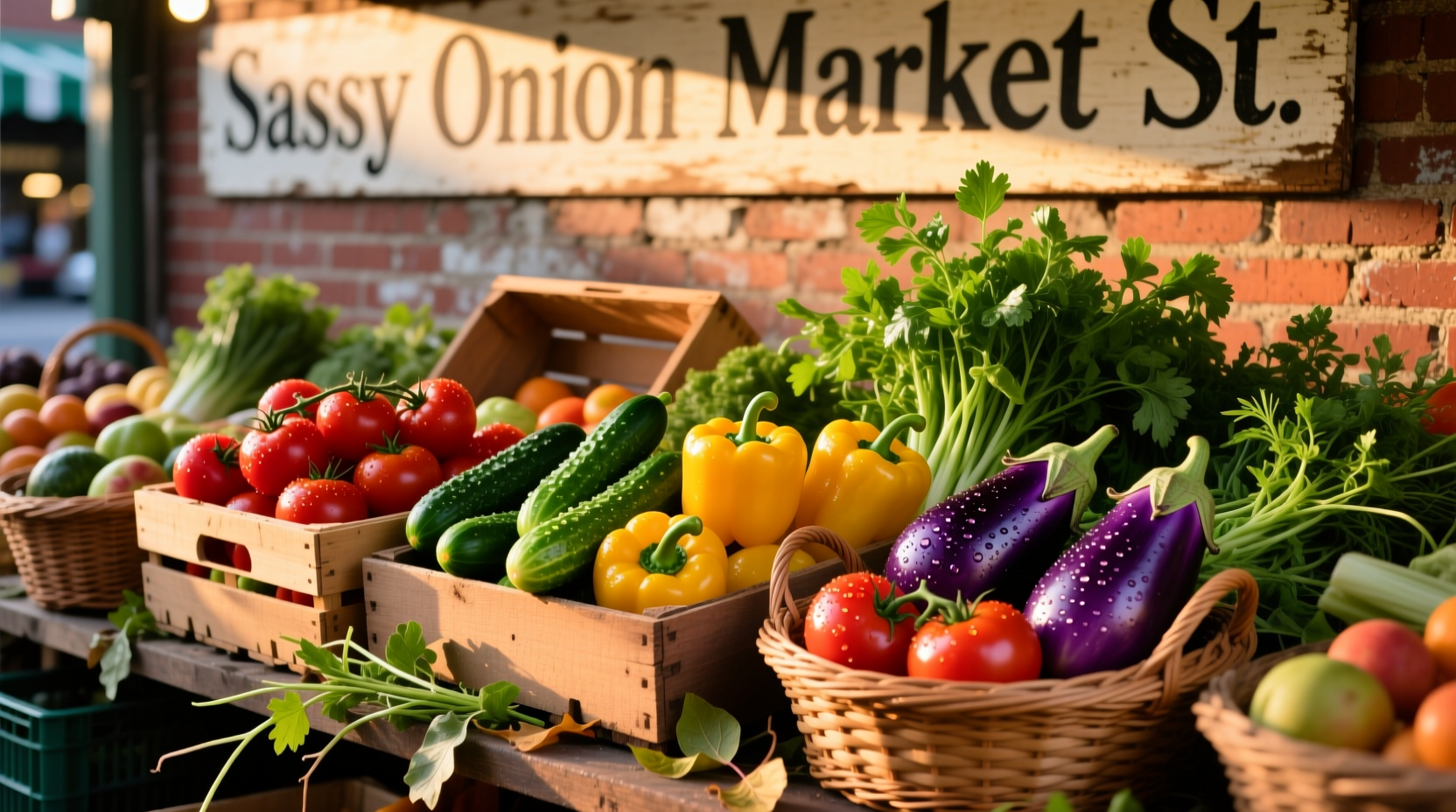 Colorful display of fresh produce at Sassy Onion Market St