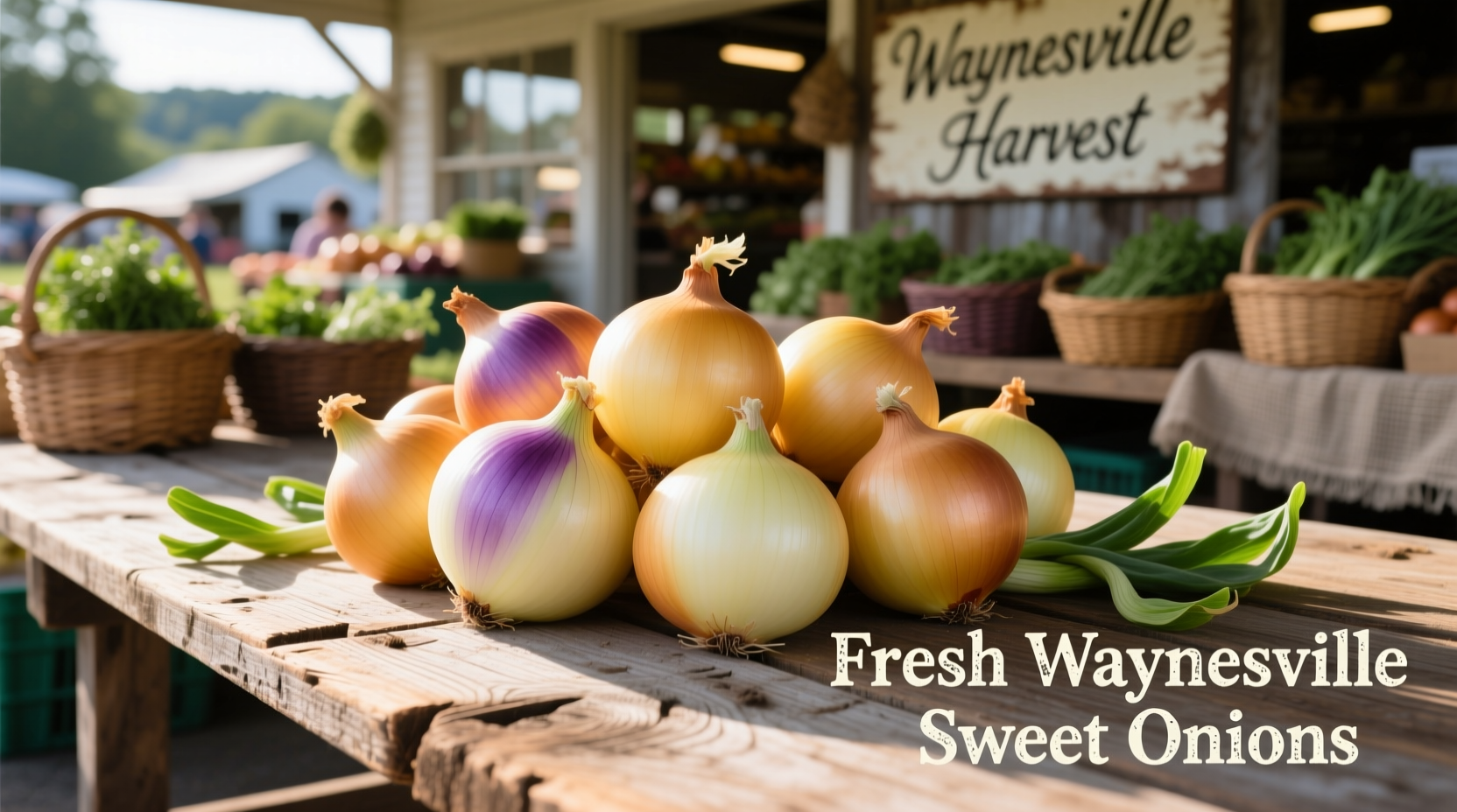 Fresh Waynesville sweet onions on wooden market table