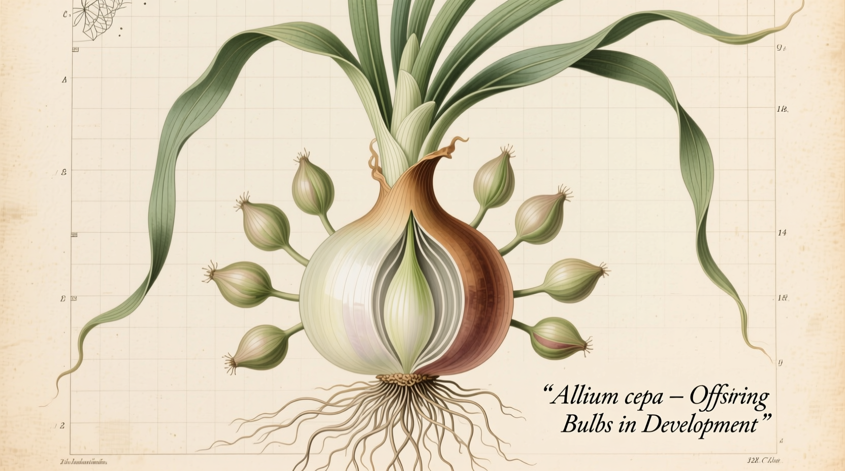 Pregnant onion plant showing bulb with multiple offsets