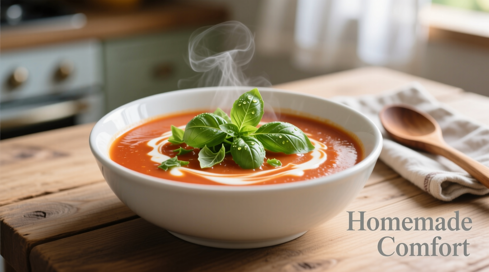 Creamy tomato soup in white bowl with fresh basil garnish