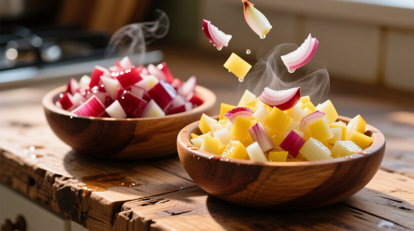 Freshly chopped red and yellow onions in wooden bowls