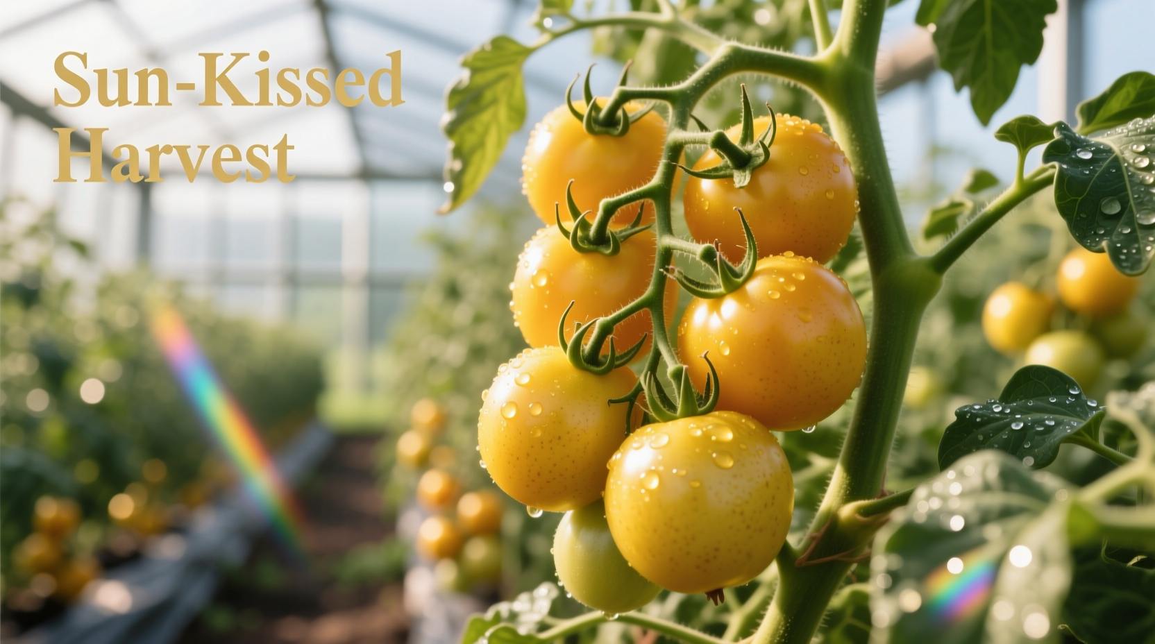 Golden yellow pear tomatoes hanging in clusters on vine
