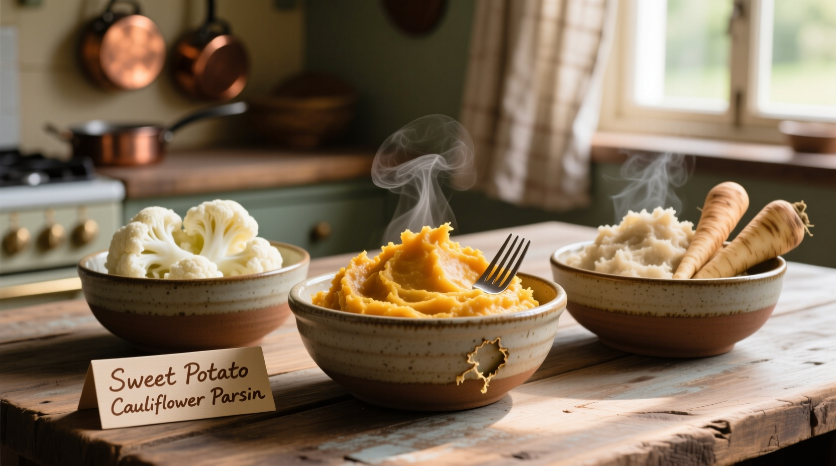 Three bowls of mashed cauliflower, sweet potato, and parsnip alternatives