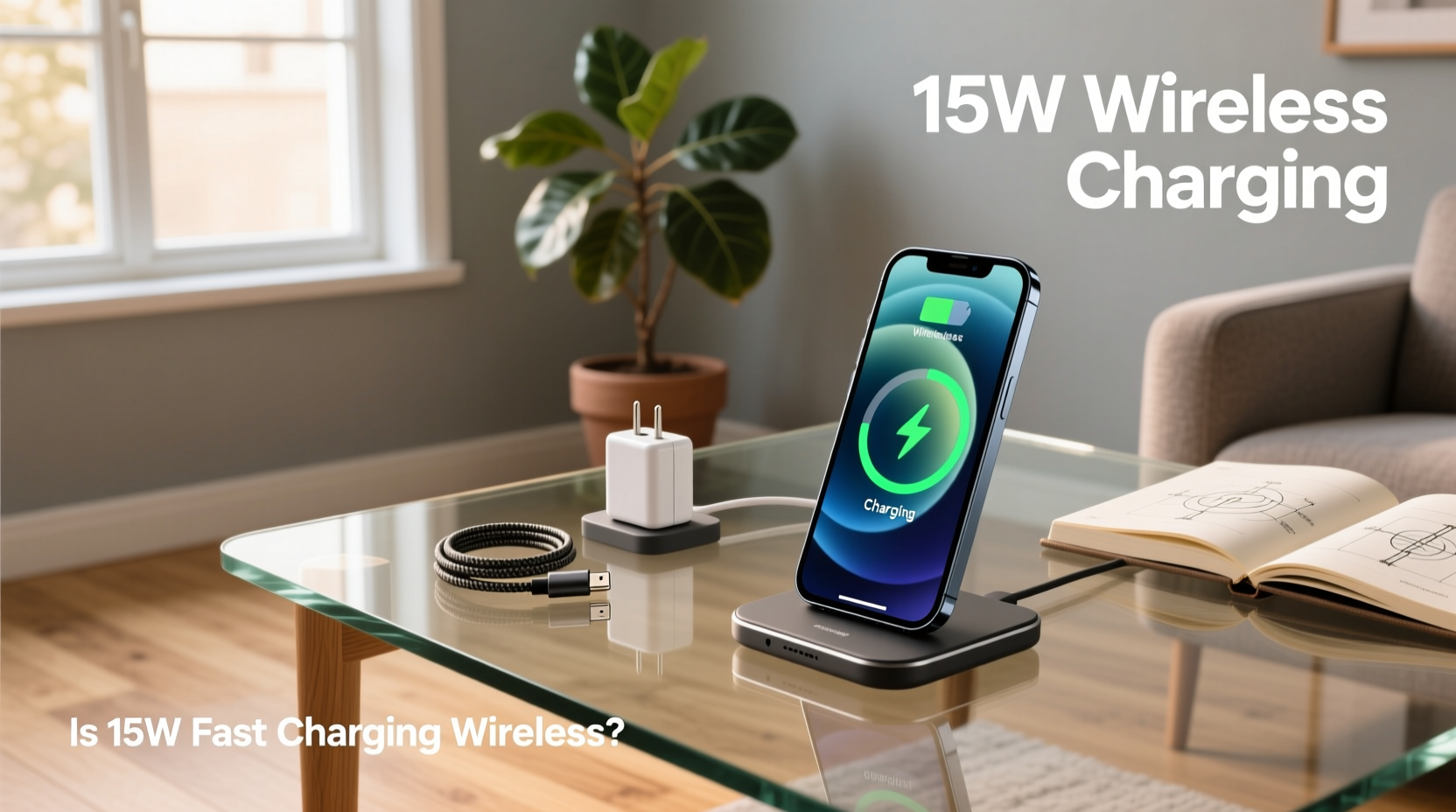 close-up of smartphone on 15w wireless charger showing charging animation