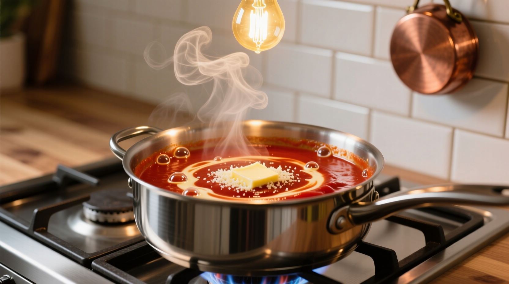 Creamy tomato sauce simmering in stainless steel pot