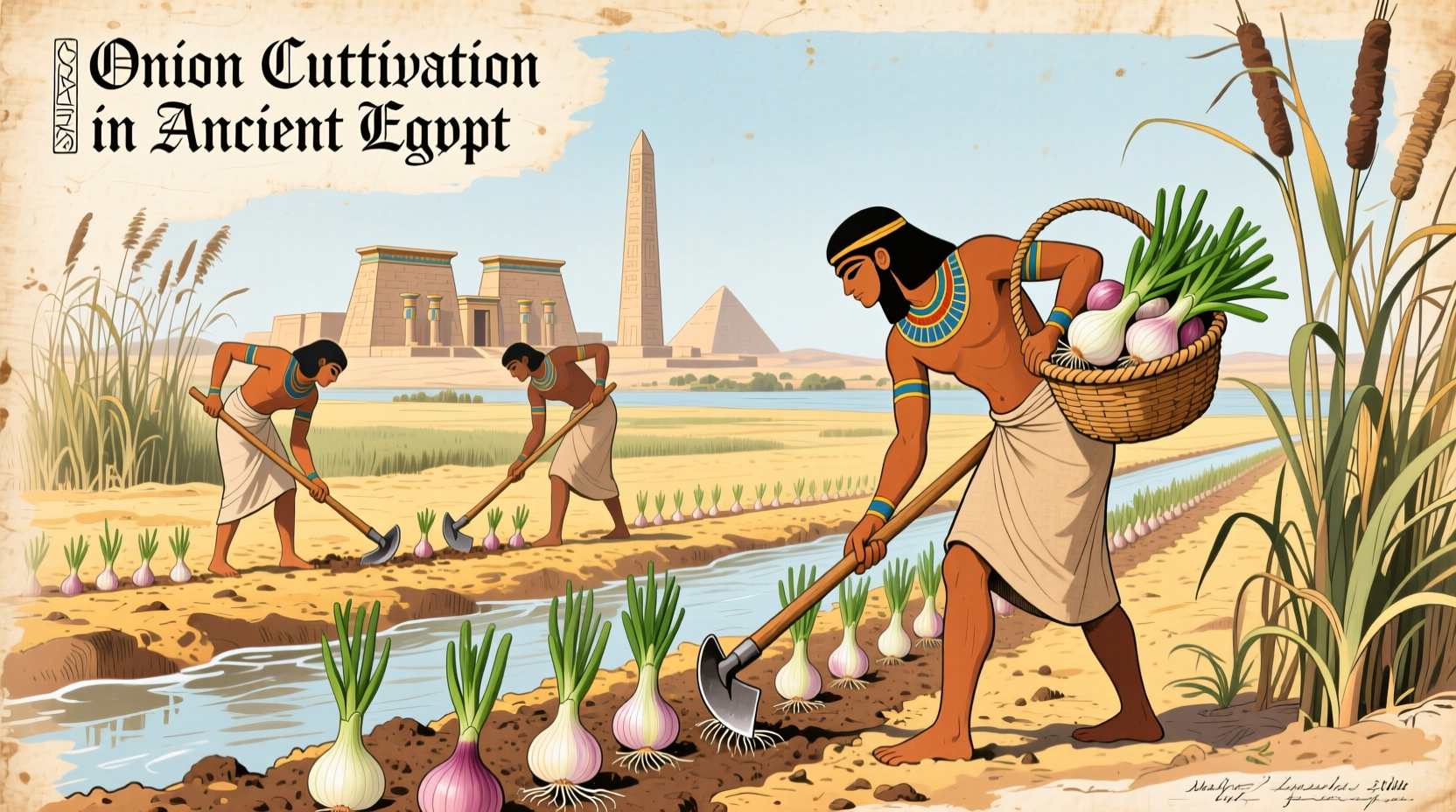 Historical illustration of ancient Egyptian onion cultivation