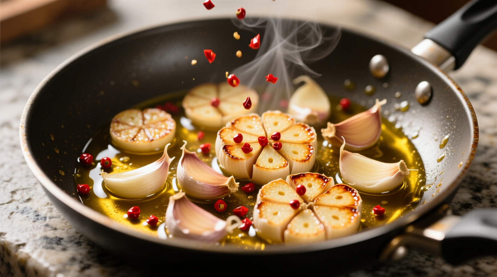 Golden garlic slices sizzling in olive oil with red pepper flakes