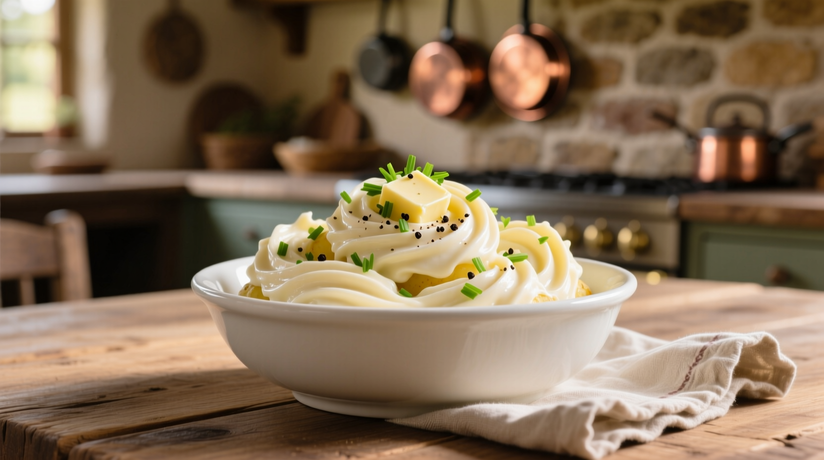Creamy garlic whipped potatoes in white bowl