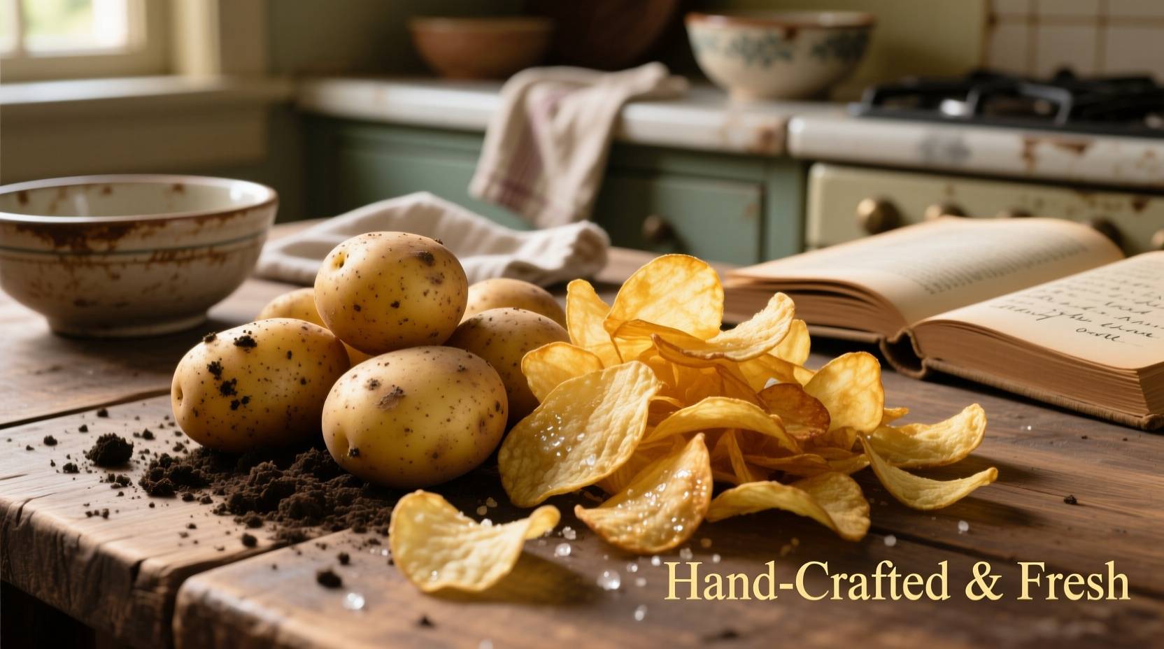 Fresh potatoes next to golden homemade potato chips