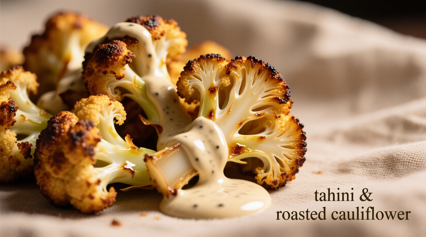 Creamy tahini sauce drizzled over golden roasted cauliflower