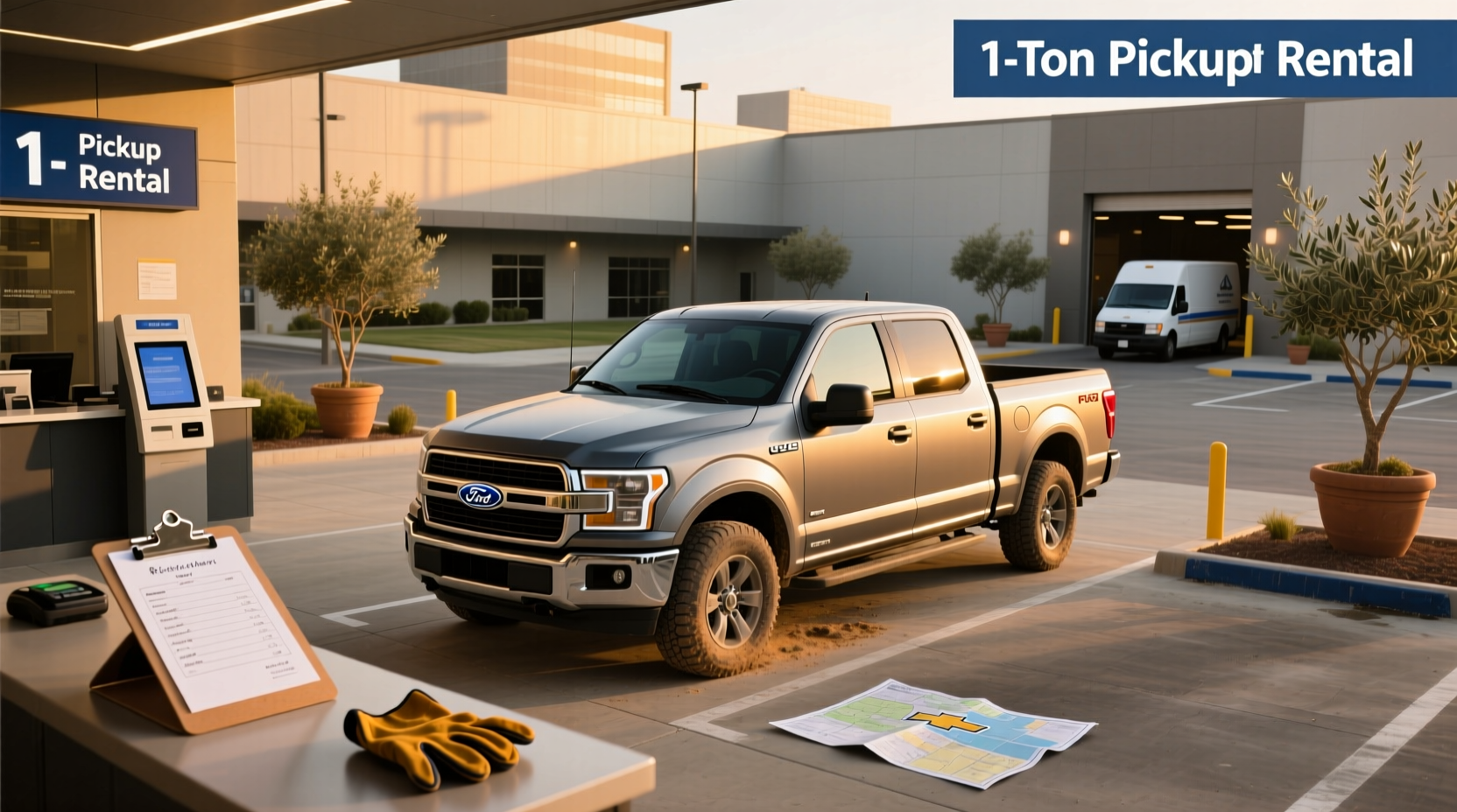 1 ton pickup truck rental at a rental facility with worker checking equipment