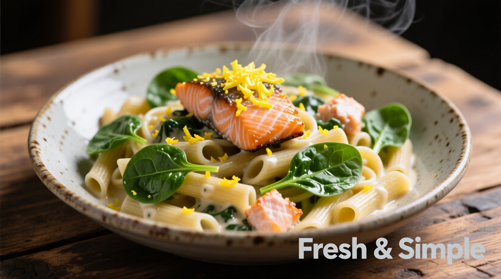 Creamy salmon spinach pasta with lemon zest