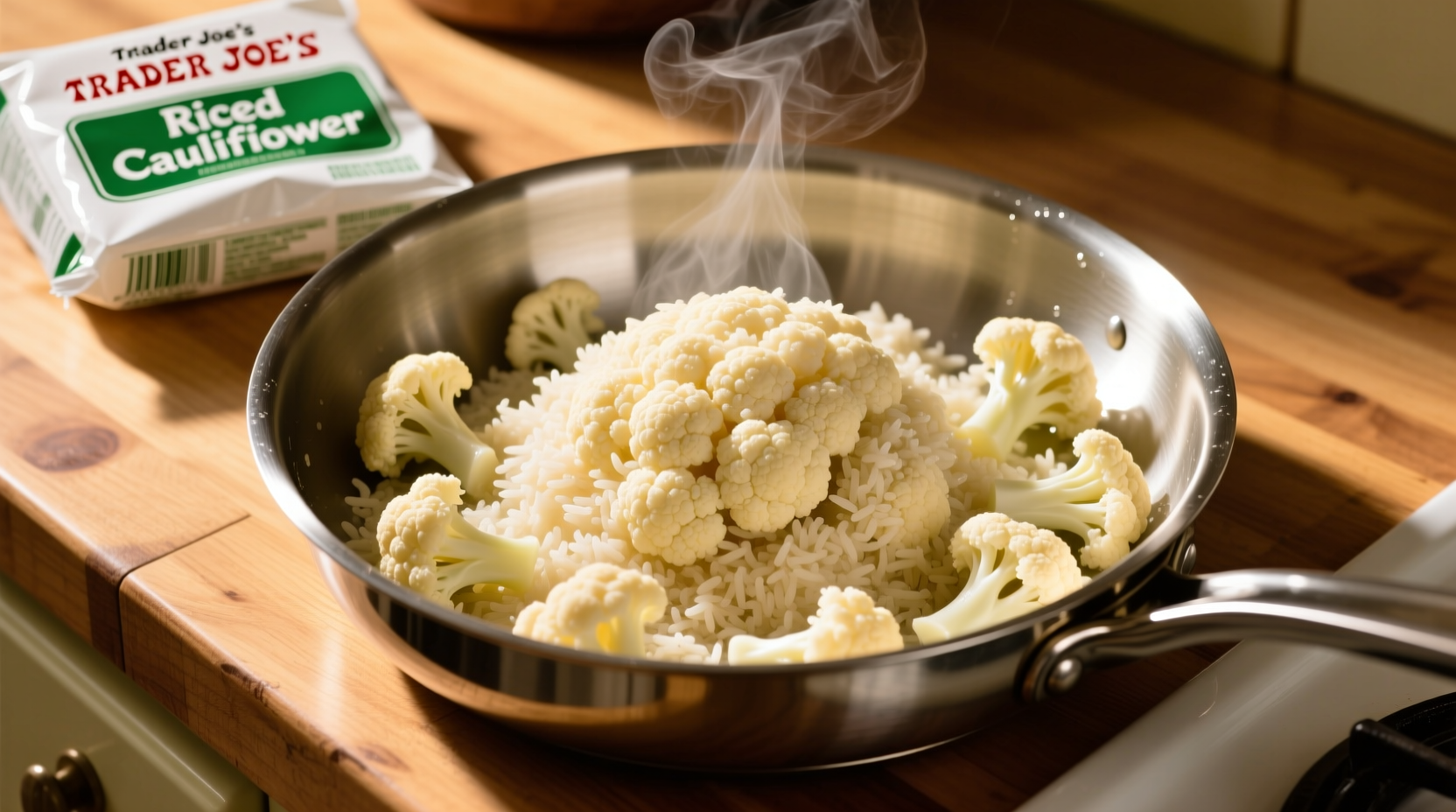 Trader Joe's riced cauliflower in cooking pan