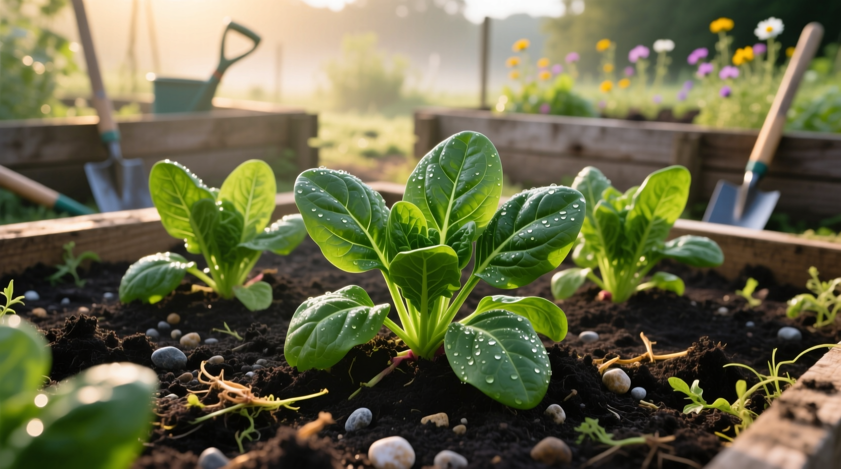 Healthy spinach plants growing in garden soil