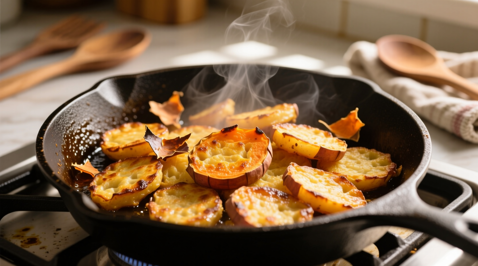 Golden crispy sweet potato hashbrowns in cast iron skillet