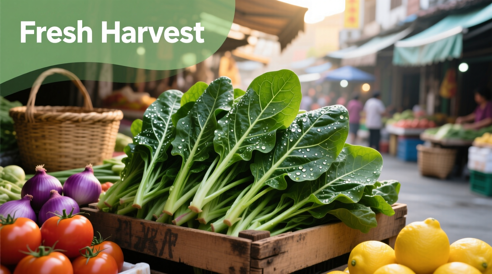 Fresh savoy spinach leaves in a market display