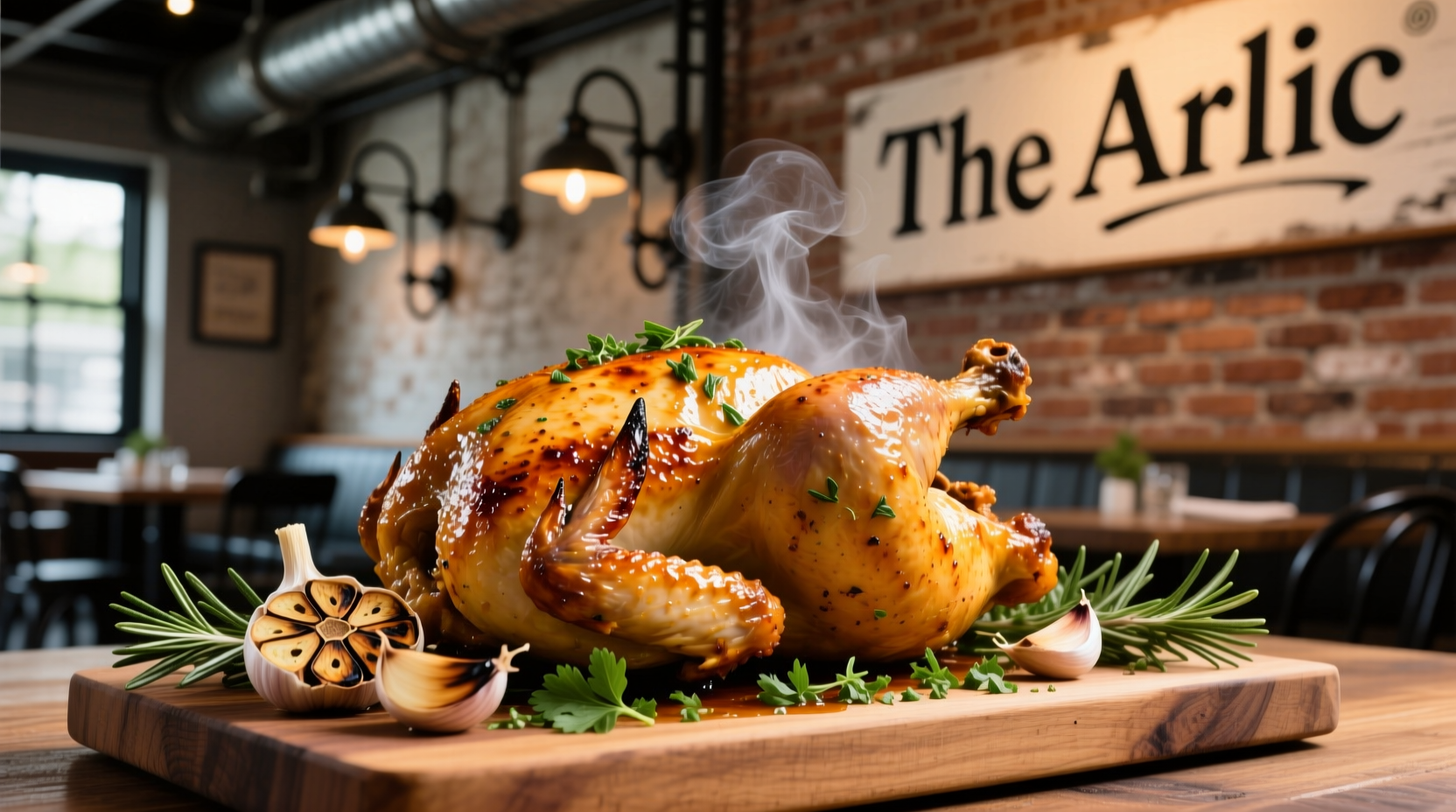 Wood-fired chicken with garlic herbs at The Garlic