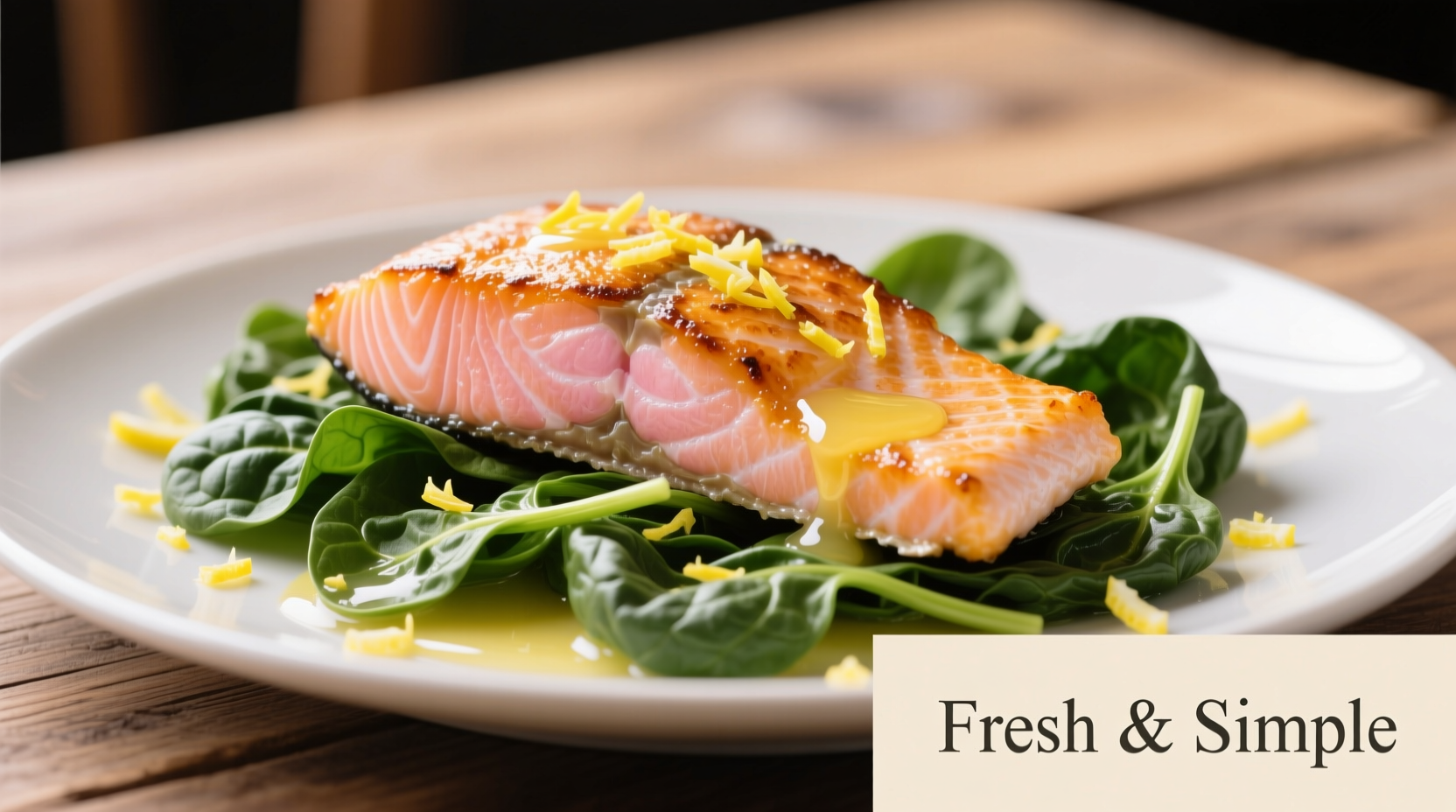 Pan-seared salmon with wilted spinach and lemon