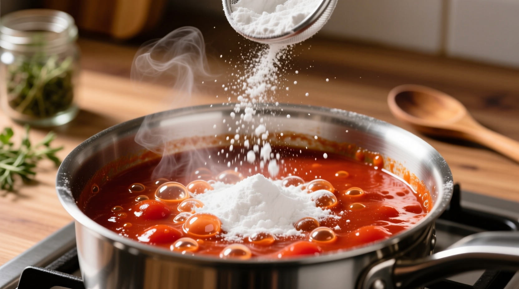 Baking soda being sprinkled into simmering tomato sauce