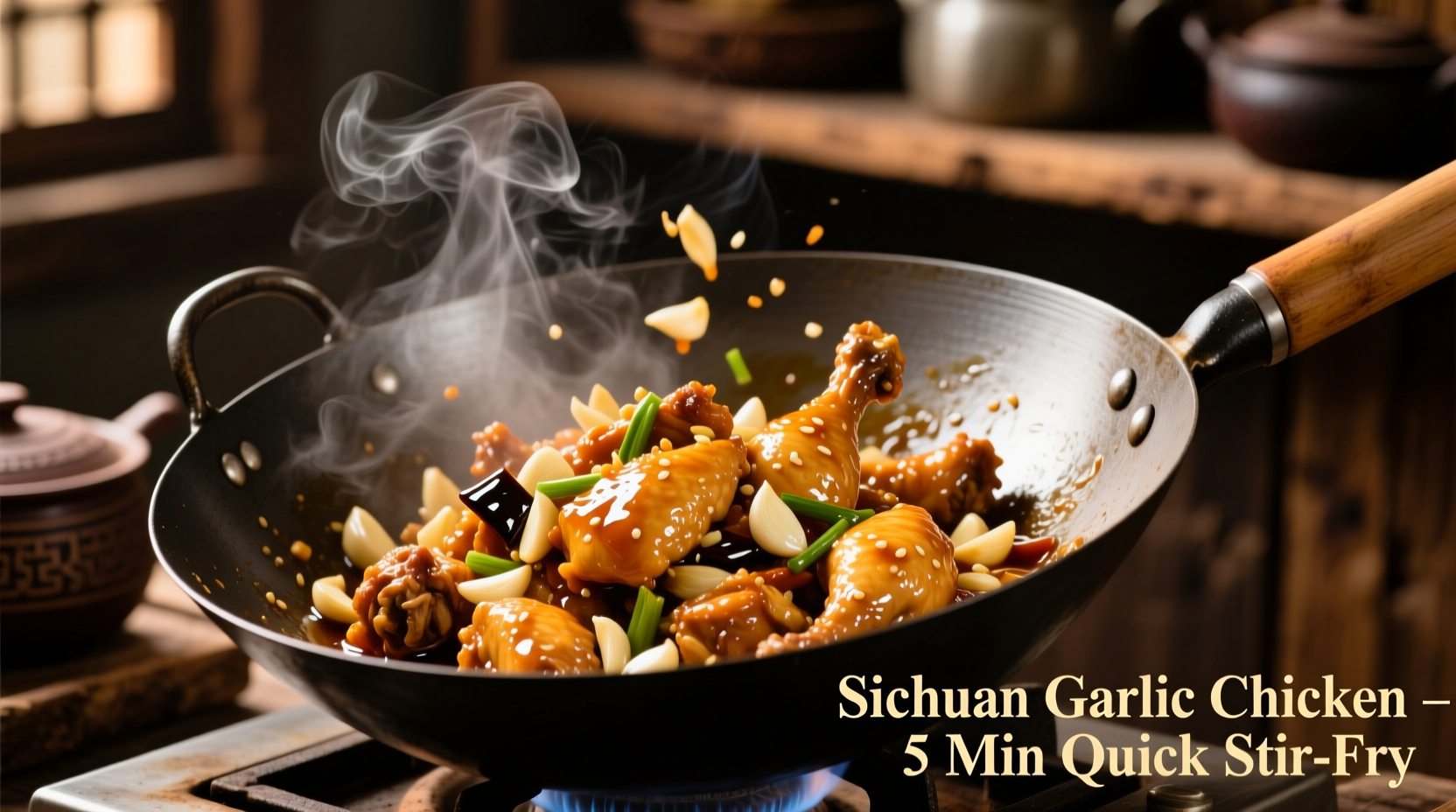 Stir-fried Chinese chicken with garlic sauce in wok