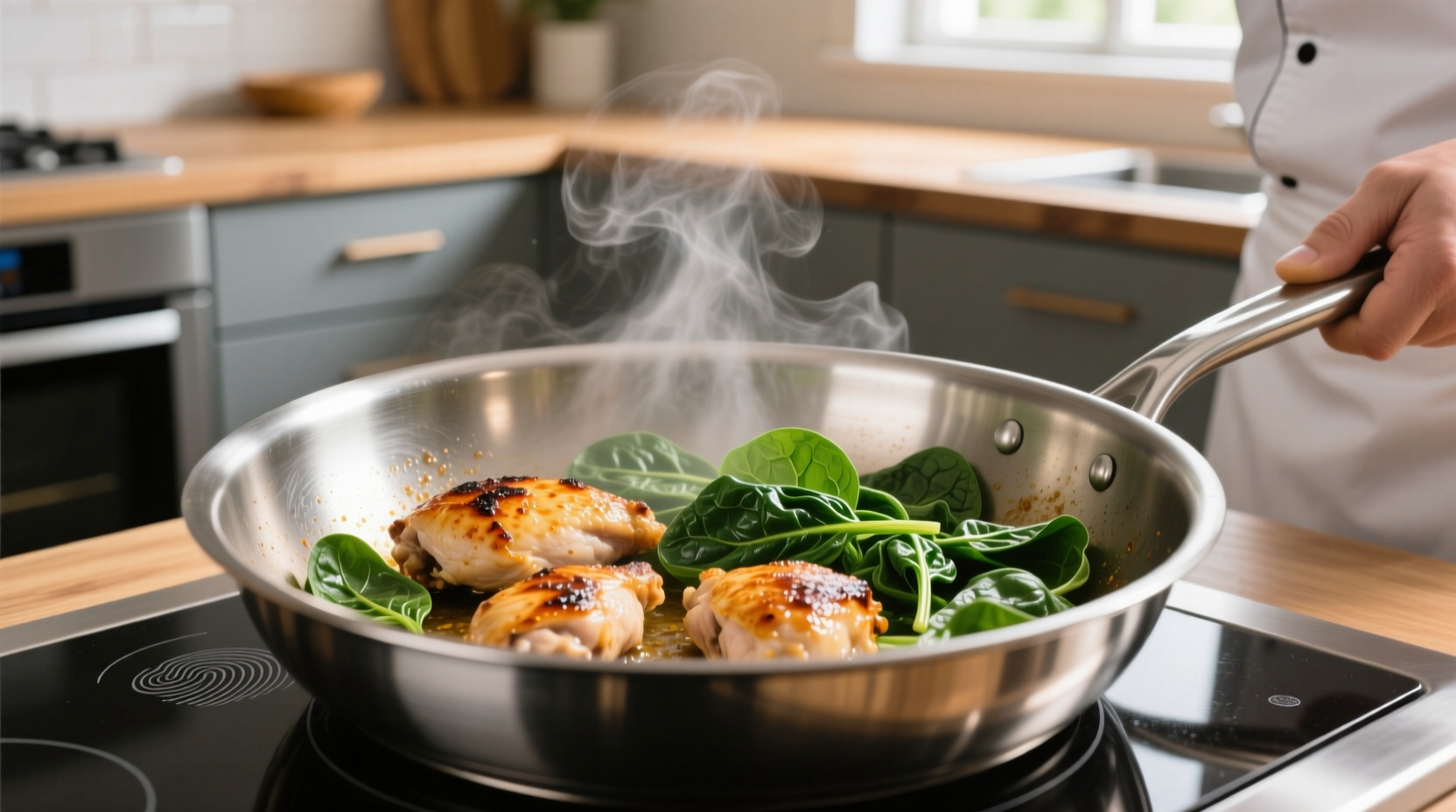Chef preparing chicken and spinach in stainless steel pan