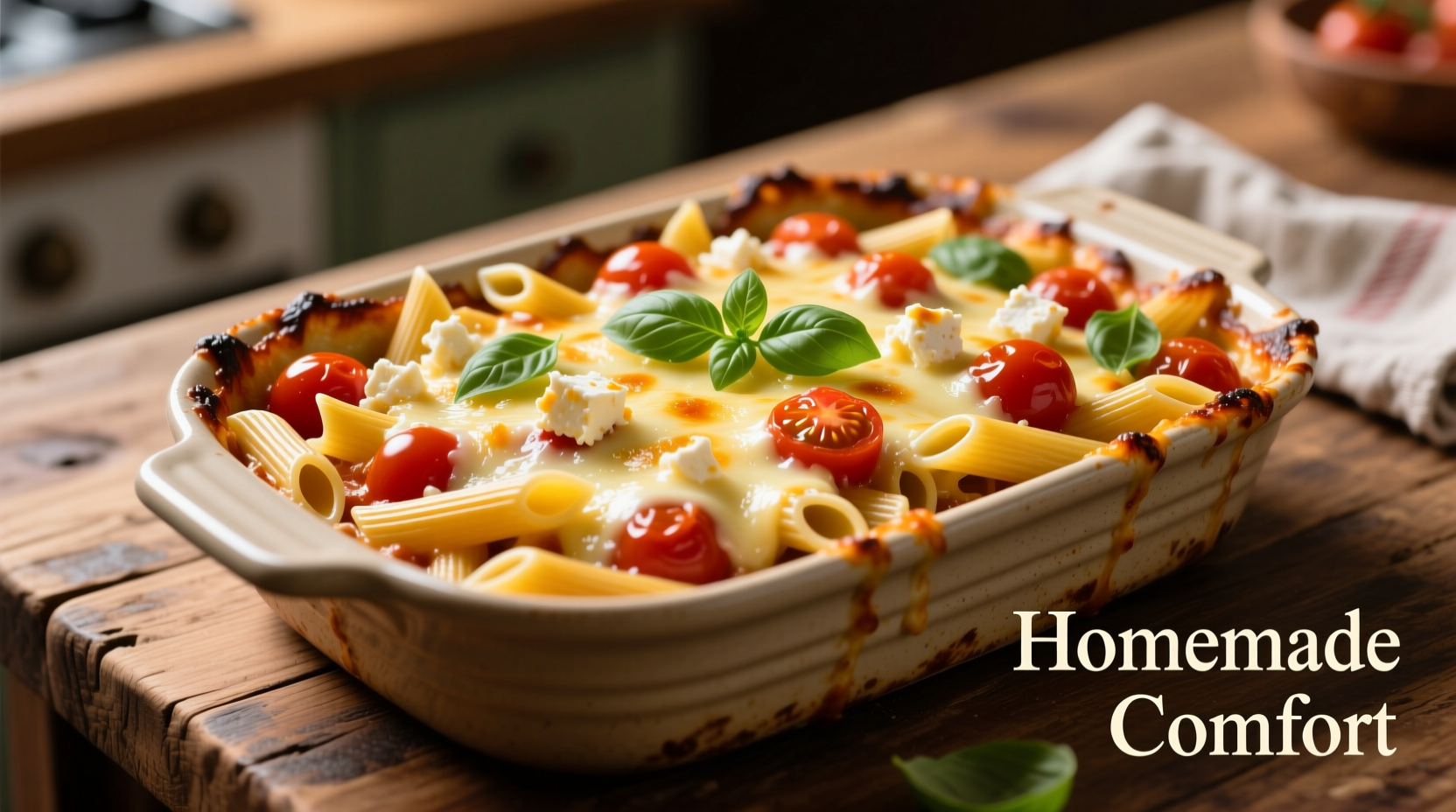Golden feta tomato pasta bake with melted cheese