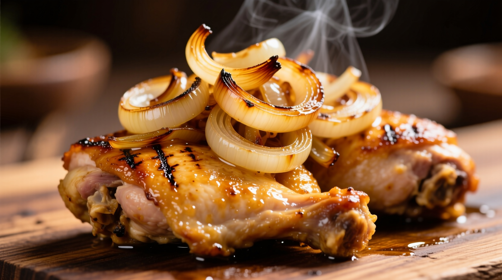 Crispy onion topping on golden chicken thighs