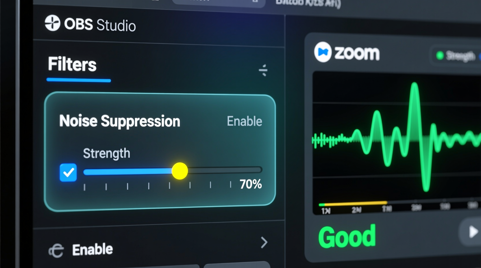 Screenshot showing OBS Studio's Filters panel with Noise Suppression enabled, Strength slider set to 70%, and 'Enable' checkbox checked—next to Zoom’s audio test window displaying stable waveform and green 'Good' indicator.