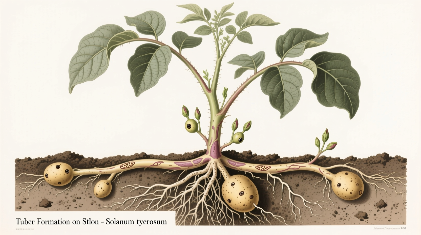 Potato plant showing tuber development on stolons